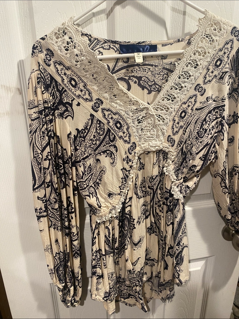Bohemian Lace-Trim V-Neck Peasant Top - Cream & Navy